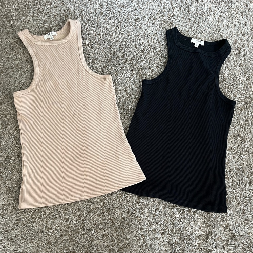 Bundle Agolde Rayne Black Tan Ribbed Cotton Lyocell Blend Tanks Women's Size S - Picture 3 of 16